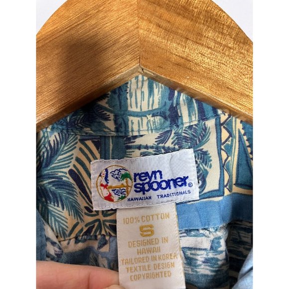 Vintage Reyn Spooner Men's Small Pullover 1/3 Button Blue Palm Trees Shirt FLAW - Picture 9 of 11